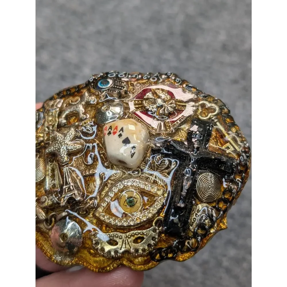 Vintage Artisan Belt Buckle Mixed Media Cross Eye Playing Cards Paris‎ Mask Rare